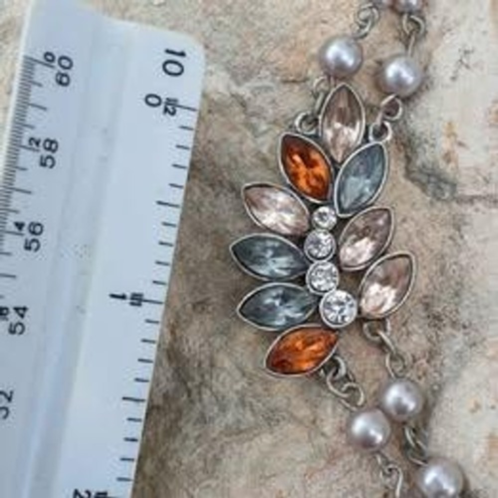 Necklace Grey Pearl Amber Blue Crystal Silver Tone 16-19in Statement - Picture 7 of 7